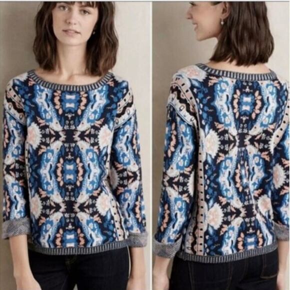 Moth by Anthropologie Geometric Cabine Blue & Peach Kaleidoscope Sweater Size S - Picture 1 of 8